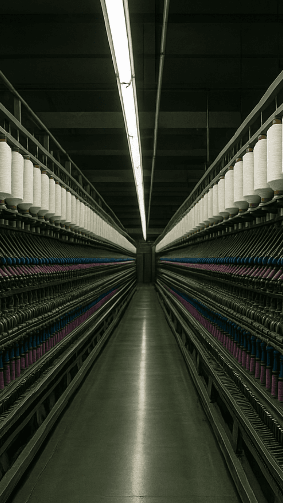 a row of spools of yarn are lined up in a production facility